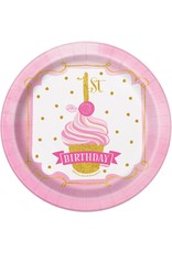 Bordjes Pink/Goud 1ste Verjaardag (18 cm, 8 stuks)