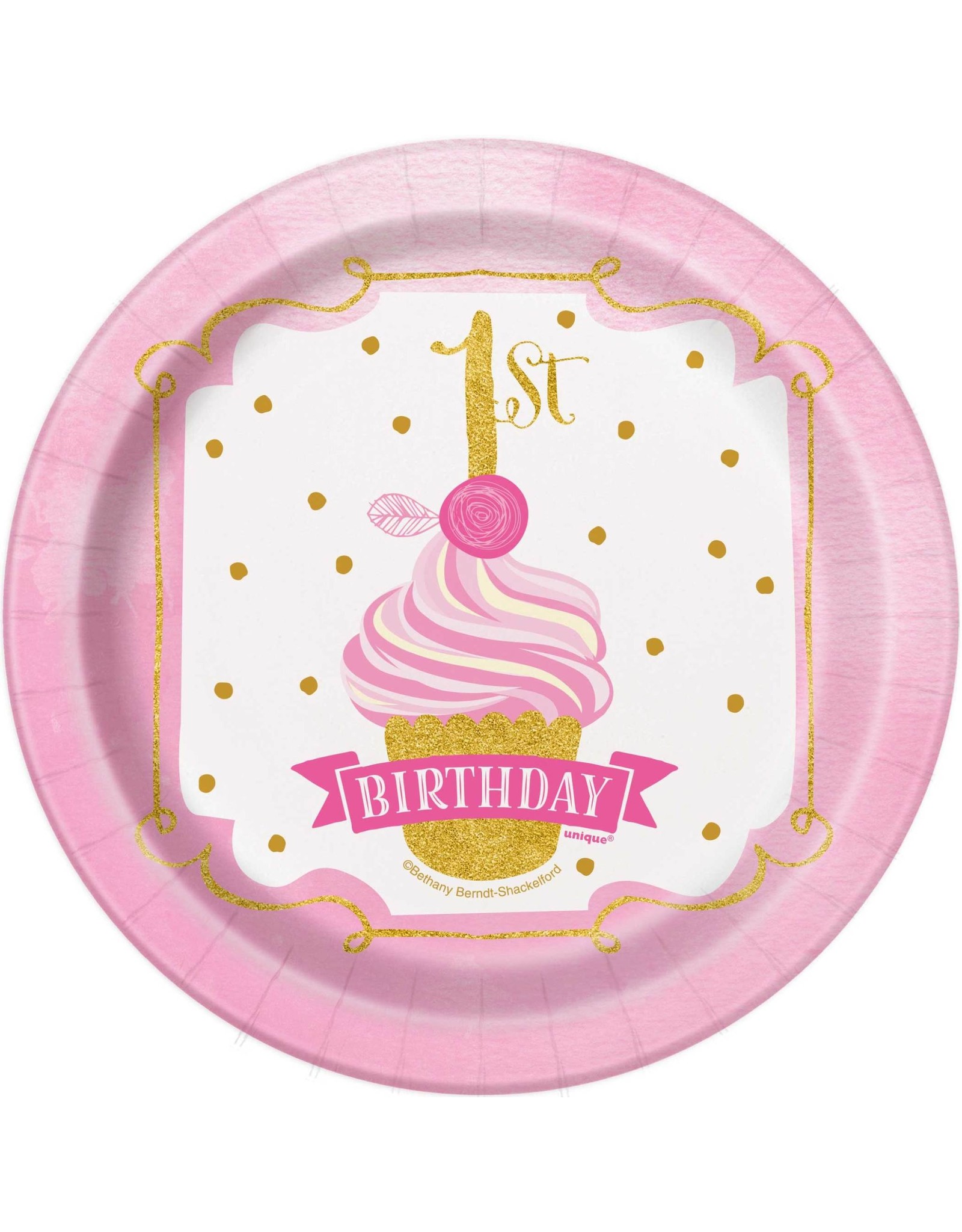 Bordjes Pink/Goud 1ste Verjaardag (18 cm, 8 stuks)