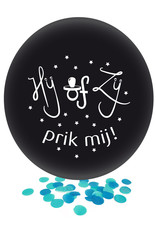 Gender Reveal Ballon Hij of Zij Zwart met Blauwe Confetti