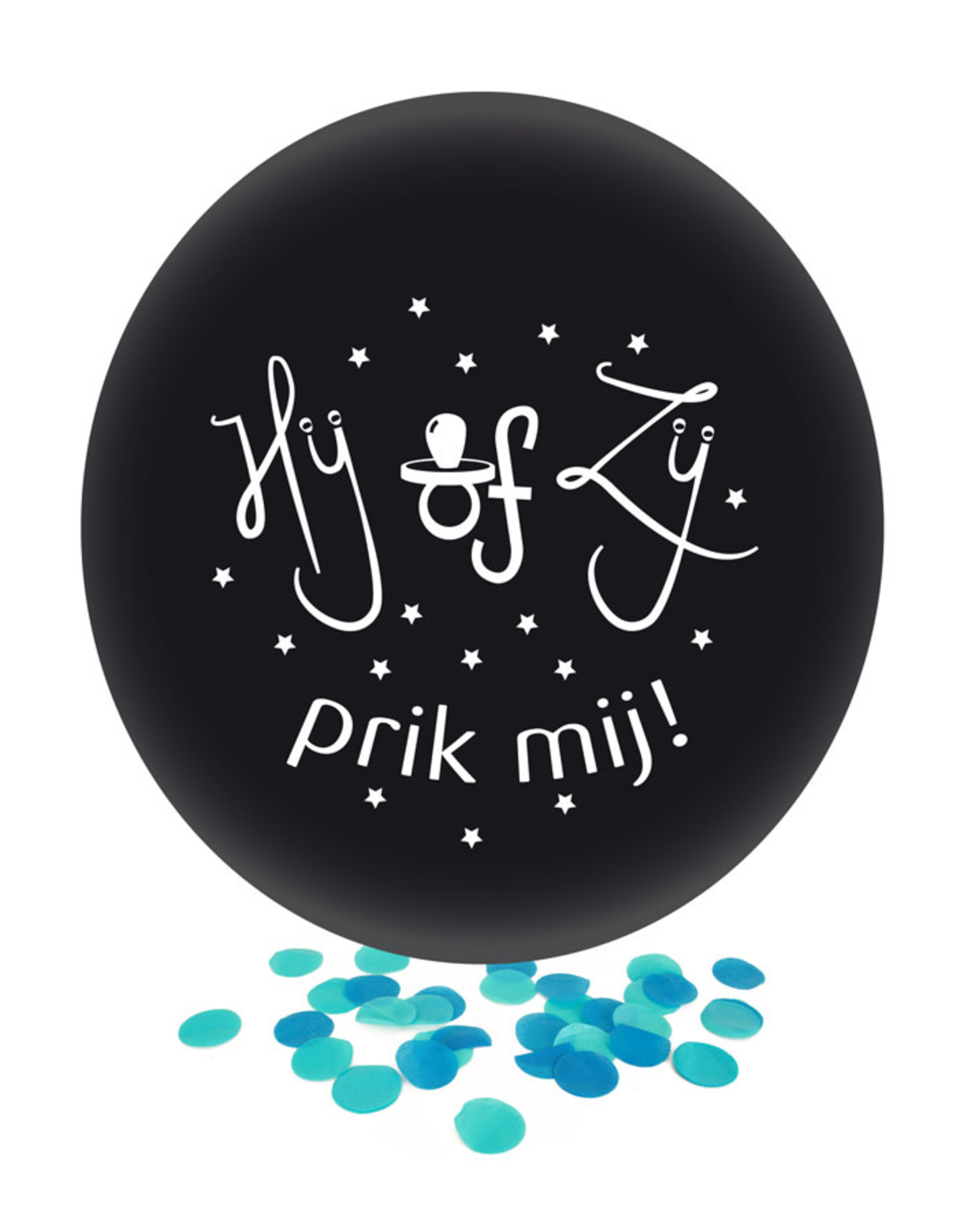 Gender Reveal Ballon Hij of Zij Zwart met Blauwe Confetti