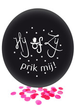 Gender Reveal Ballon Hij of Zij Zwart met Roze Confetti