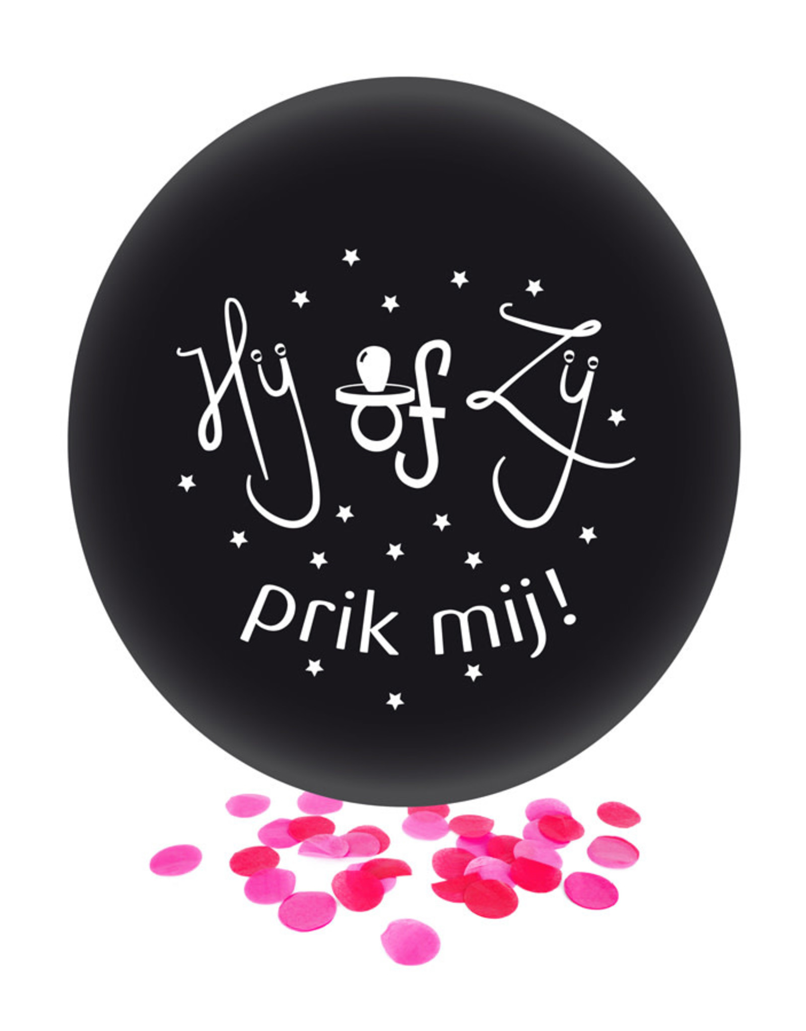 Gender Reveal Ballon Hij of Zij Zwart met Roze Confetti