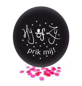 Gender Reveal Ballon Hij of Zij Zwart met Roze Confetti