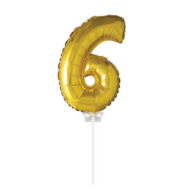 Folie ballon Cijfer 6 met stokje, Goud (40 cm)