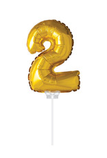 Folie ballon Cijfer 2 met stokje, Goud (40 cm)