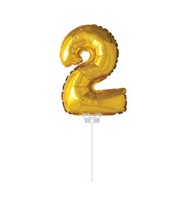 Folie ballon Cijfer 2 met stokje, Goud (40 cm)