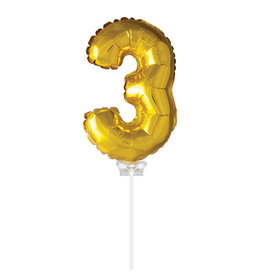 Folie ballon Cijfer 3 met stokje, Goud (40 cm)