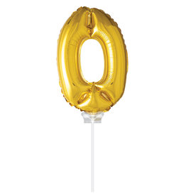 Folie Ballon Cijfer 0 met Stokje, Goud (40 cm)