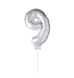 Folie Ballon Cijfer 9 met Stokje, Zilver (40 cm)
