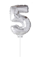 Folie Ballon Cijfer 5 met Stokje, Zilver (40 cm)