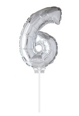 Folie Ballon Cijfer 6 met Stokje, Zilver (40 cm)