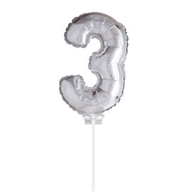 Folie Ballon Cijfer 3 met Stokje, Zilver (40 cm)