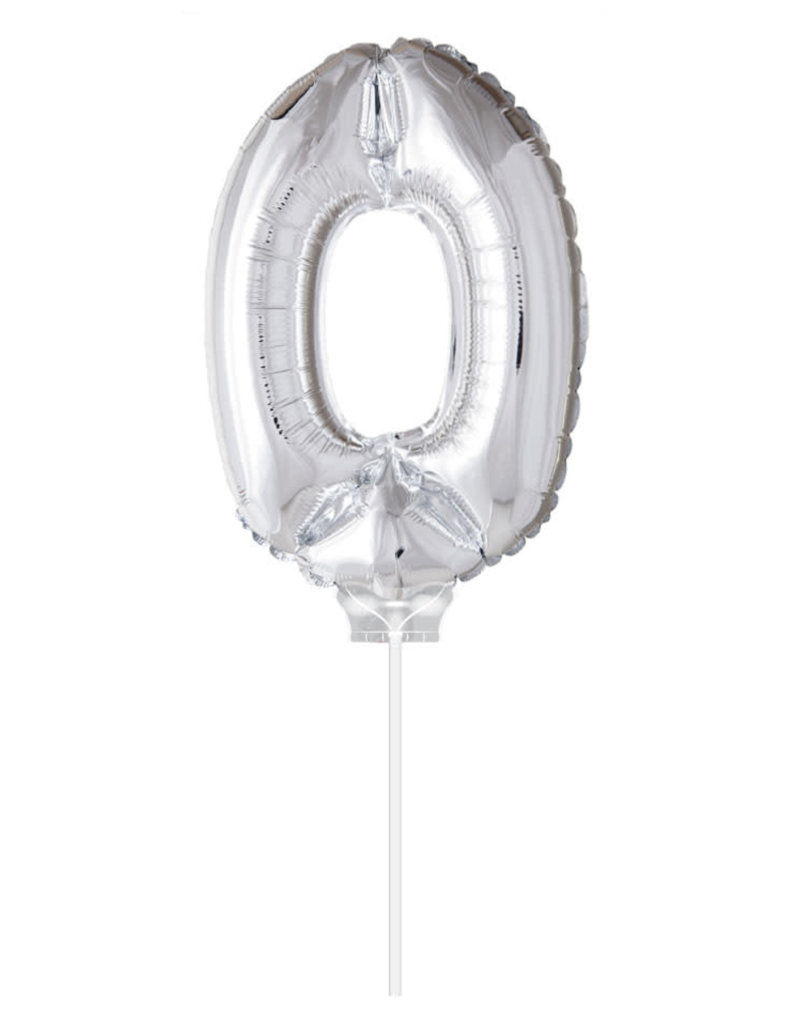 Folie Ballon Cijfer 0 met Stokje, Zilver (40 cm)