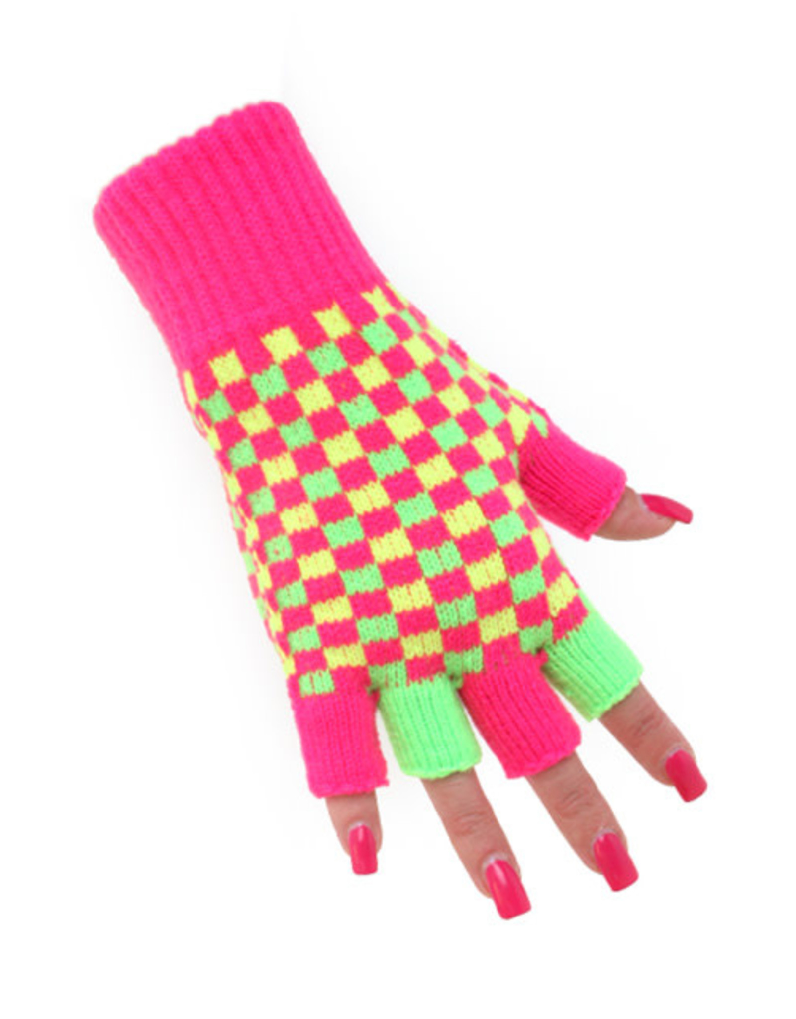 Vingerloze Handschoenen Neon Roze/Groen/Geel Geblokt