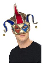 Venetiaans Musical Jester Oogmasker, Rood/Blauw