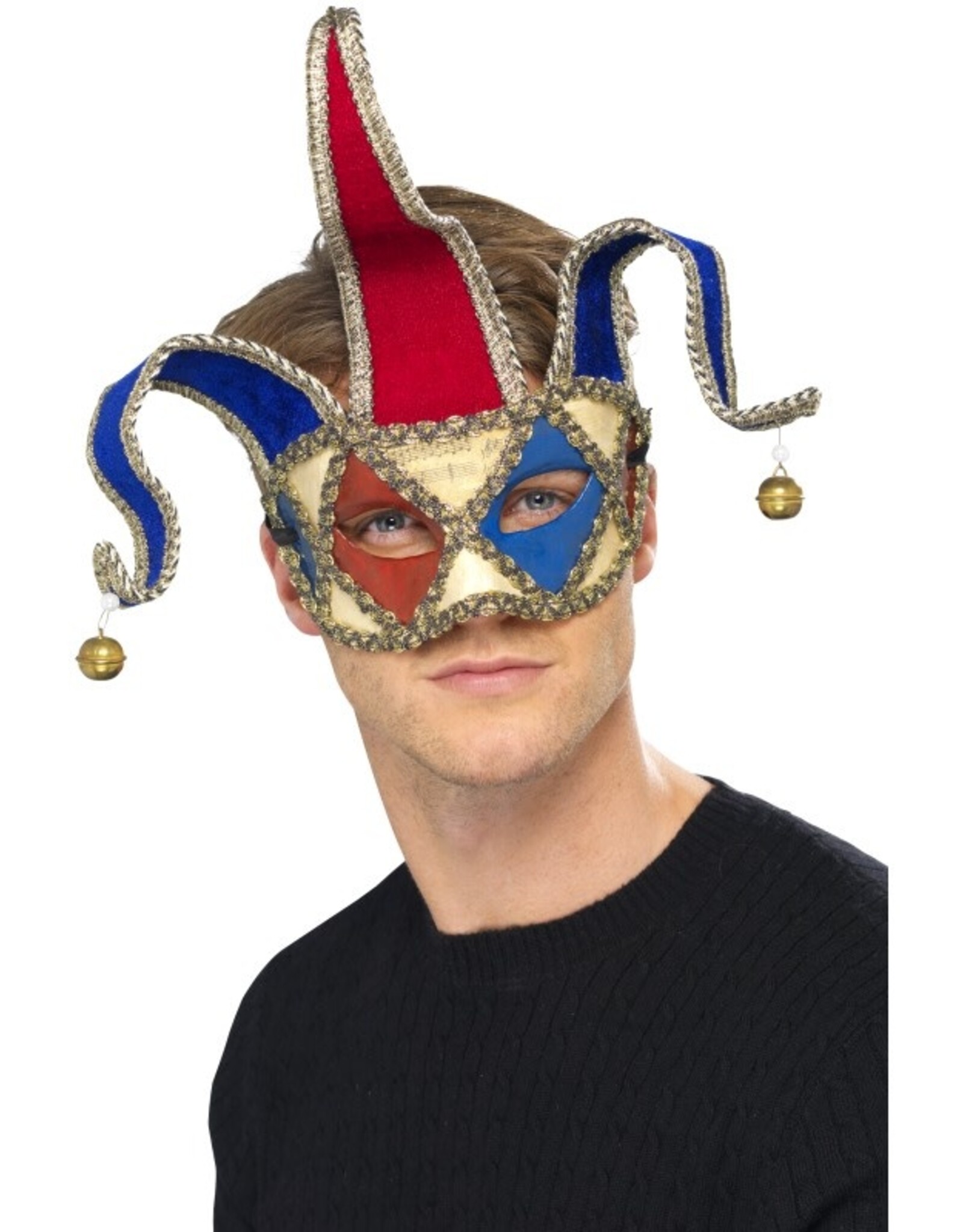 Venetiaans Musical Jester Oogmasker, Rood/Blauw