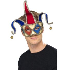 Venetiaans Musical Jester Oogmasker, Rood/Blauw