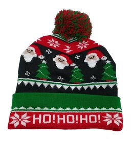 Beanie met Kerstmotief en Pom Pom, Rood/Groen