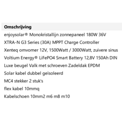 Zonnepaneelset Lithium 360 Watt 12 Volt incl omvormer 1500 Watt -  accu 12,8V LiFePo4 150 Ah
