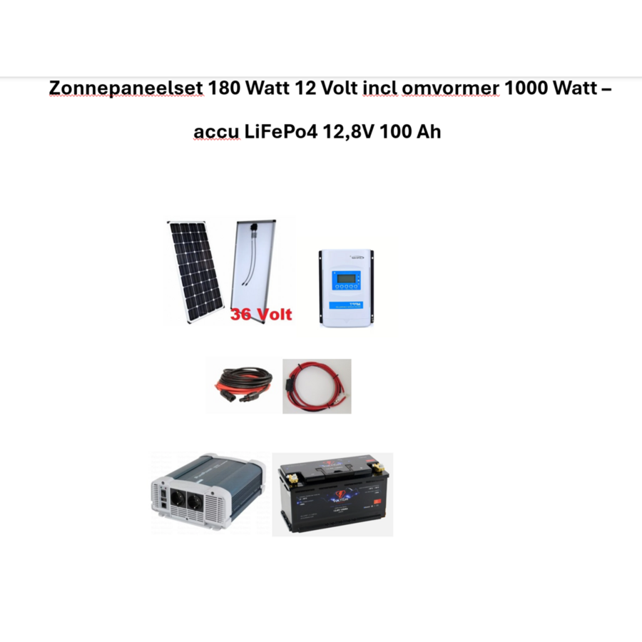 Zonnepaneelset 180 Watt 12 Volt incl omvormer 1000 Watt - accu LiFePo4 12,8V 100 Ah