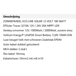 Zonnepaneelset 180 Watt 12 Volt incl omvormer 1000 Watt - accu LiFePo4 12,8V 100 Ah