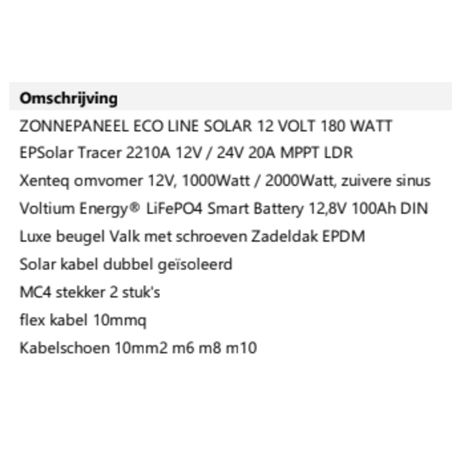 Zonnepaneelset 180 Watt 12 Volt incl omvormer 1000 Watt - accu LiFePo4 12,8V 100 Ah
