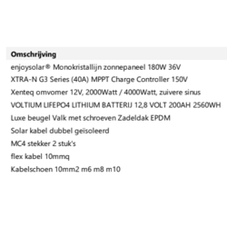 Zonnepaneelset 540 Watt 12 Volt incl omvormer 2000 Watt - accu LiFePo4 12,8V 200 Ah