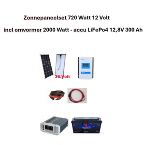 Voltium Zonnepaneelset Lithium 720Watt 12 Volt incl omvormer 2000 Watt - accu 12,8V LiFePo4 300 Ah Voltium Zonnepaneelset Lithium 720Watt 12 Volt incl omvormer 2000 Watt - accu 12,8V LiFePo4 300 Ah