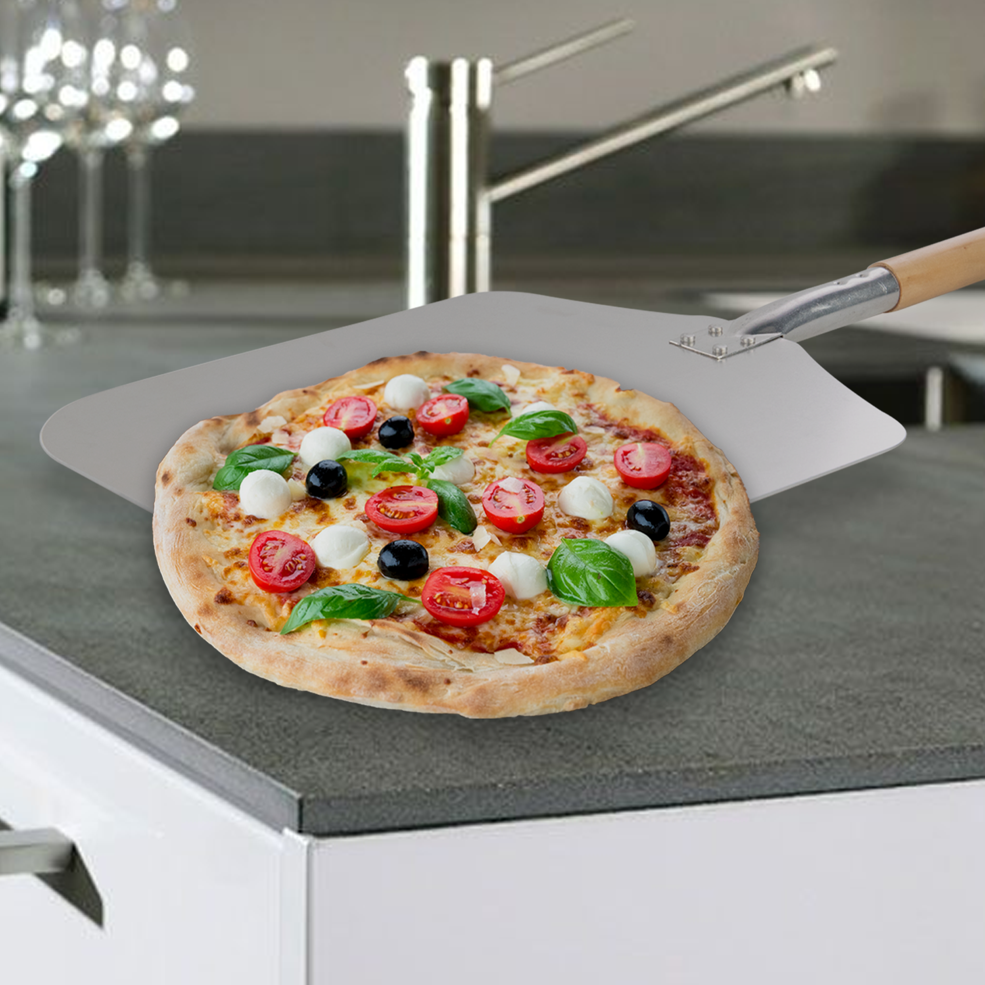 BIKO - Luxe Pizzaschep - Houten handvat - Vierkant - RVS