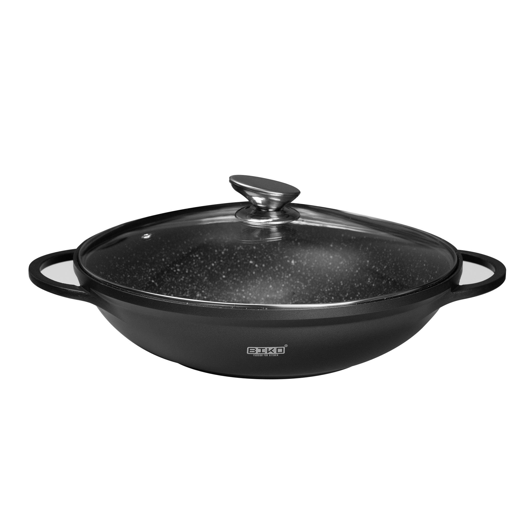 Wokpan Ø 32 cm - Marmeren coating - Glazen deksel - Zwart