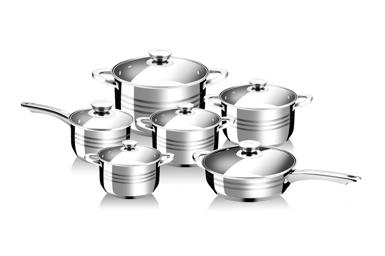 Pannenset INOX - 12 delige RVS met glazen deksels