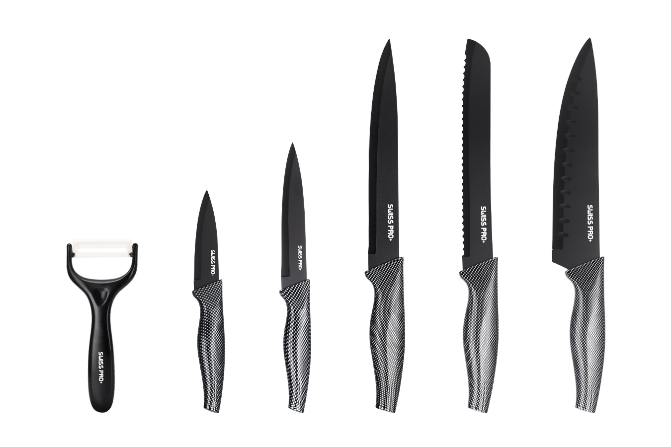 Keukenmessenset - 6-delig - Carbon - Ergonomisch handvat - Anti-kleef laag
