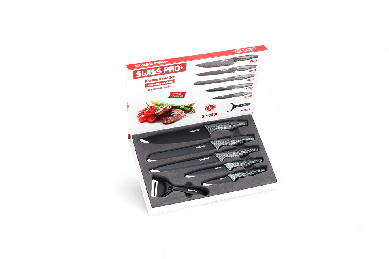 Keukenmessenset - 6-delig - Carbon - Ergonomisch handvat - Anti-kleef laag