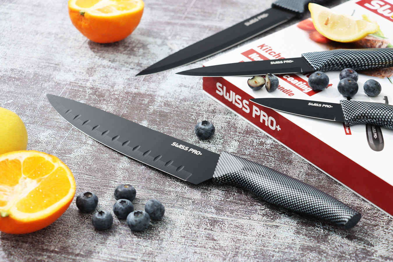 Keukenmessenset - 6-delig - Carbon - Ergonomisch handvat - Anti-kleef laag