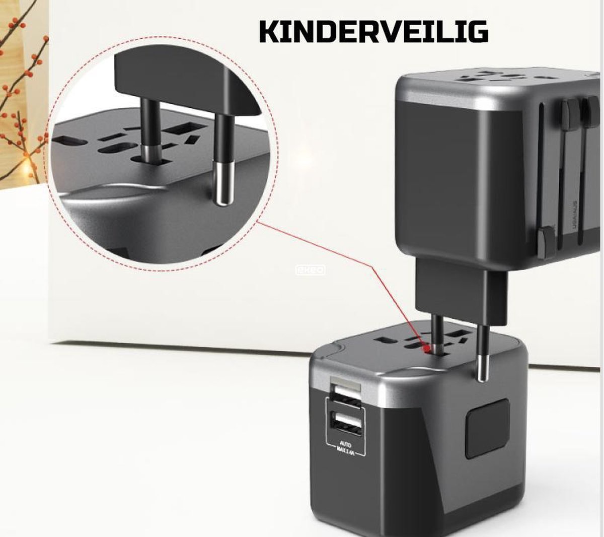 Universele Wereldstekker - Reisstekker met 2 Quick USB Poorten - 2000 Watt - 150+ landen - Zwart