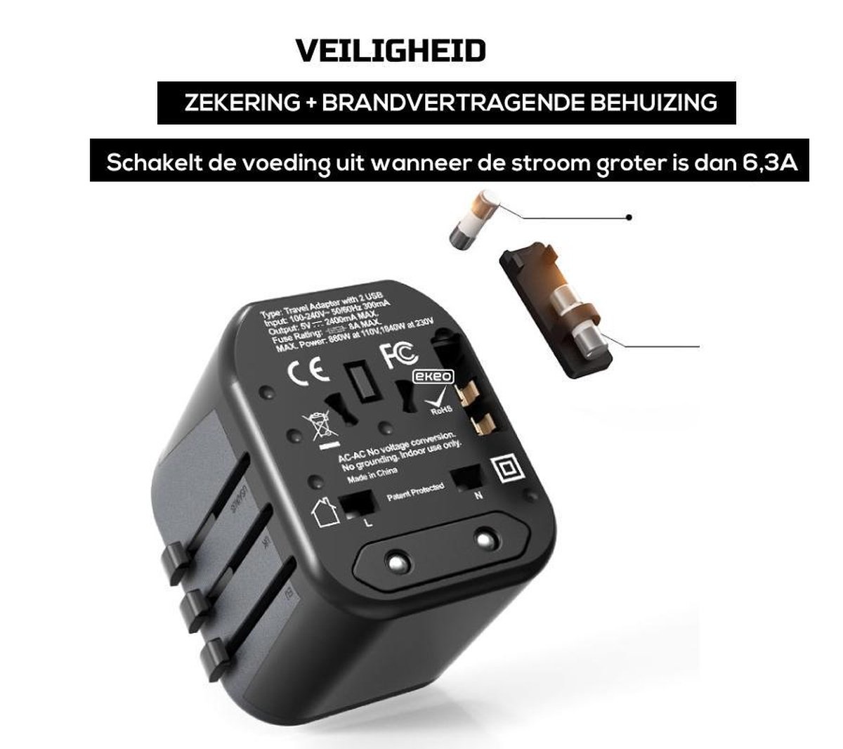 Universele Wereldstekker - Reisstekker met 2 Quick USB Poorten - 2000 Watt - 150+ landen - Zwart