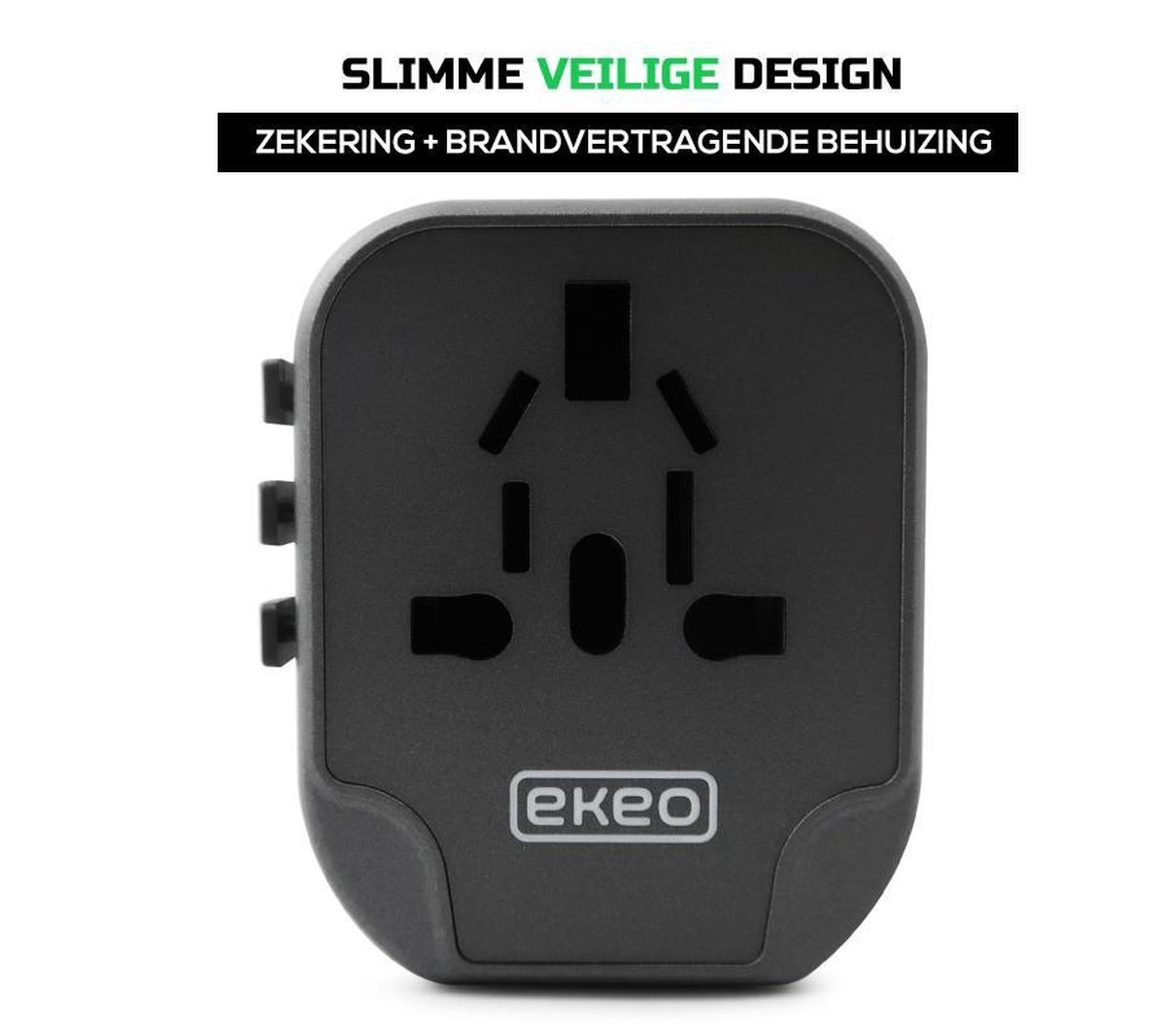 Universele Wereldstekker - Reisstekker met 2 Quick USB Poorten - 2000 Watt - 150+ landen - Zwart