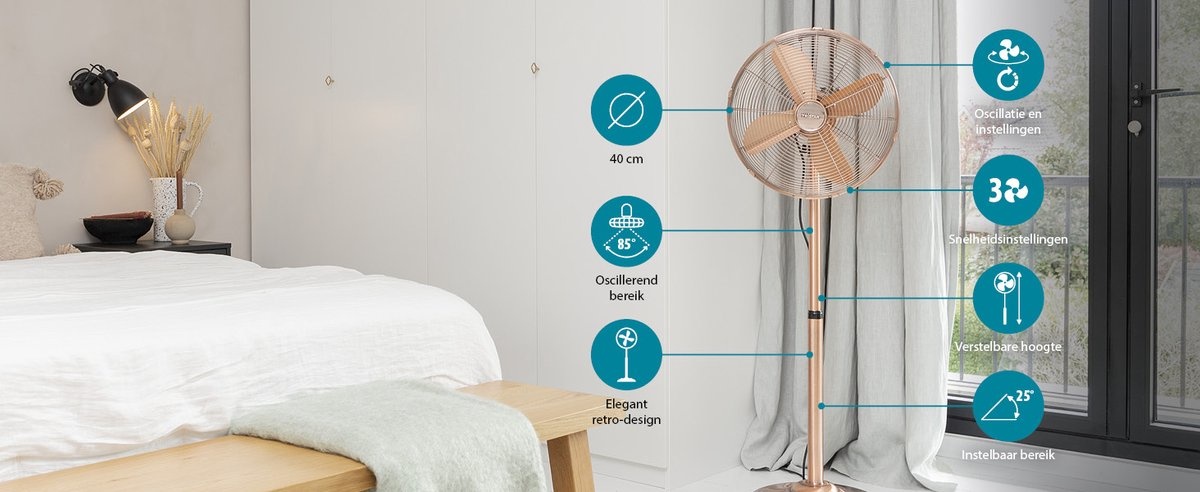 Luxe ventilator - Statiefventilator - 3 snelheidsstanden - Ø 40 cm - Verstelbaar - RVS - Koper