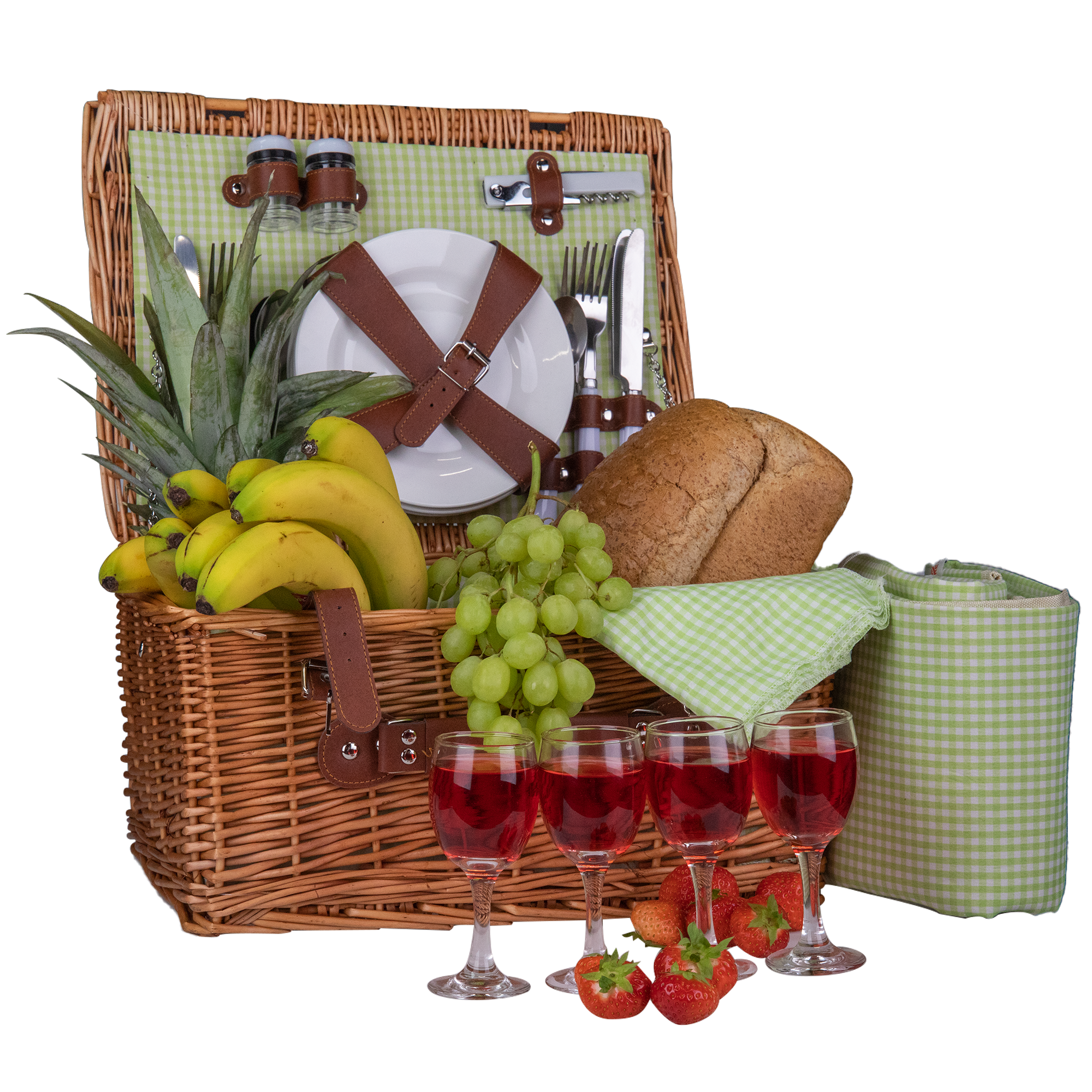 Picknickmand 28-delig - Incl. servies en bestek - Picknickset voor 4 personen - Rieten mand - Groen