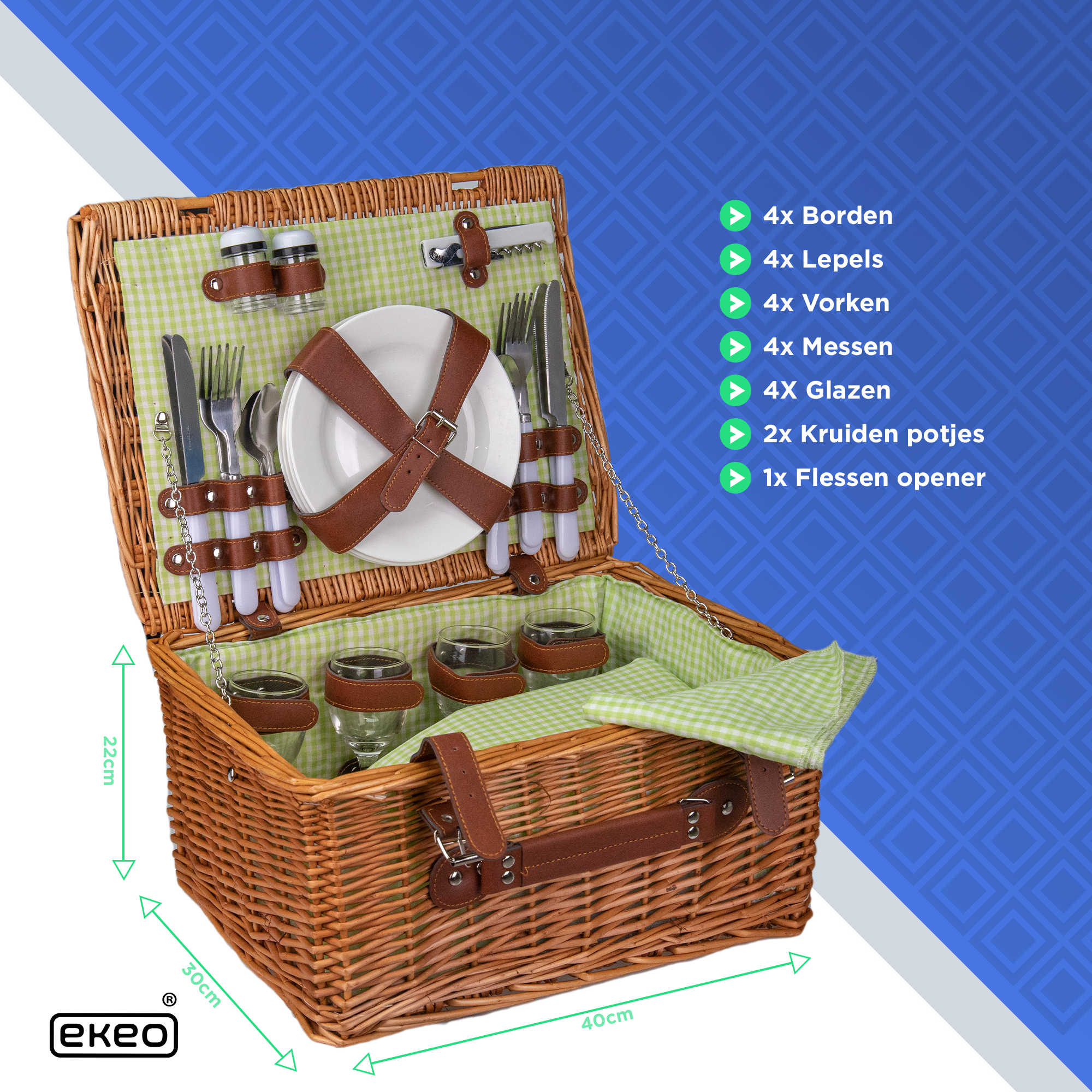 EKEO - 28-delig - Incl. servies en bestek - Picknickset voor personen - mand - PU-leer - Groen - VOTIRA - Lifestyle en Wonen