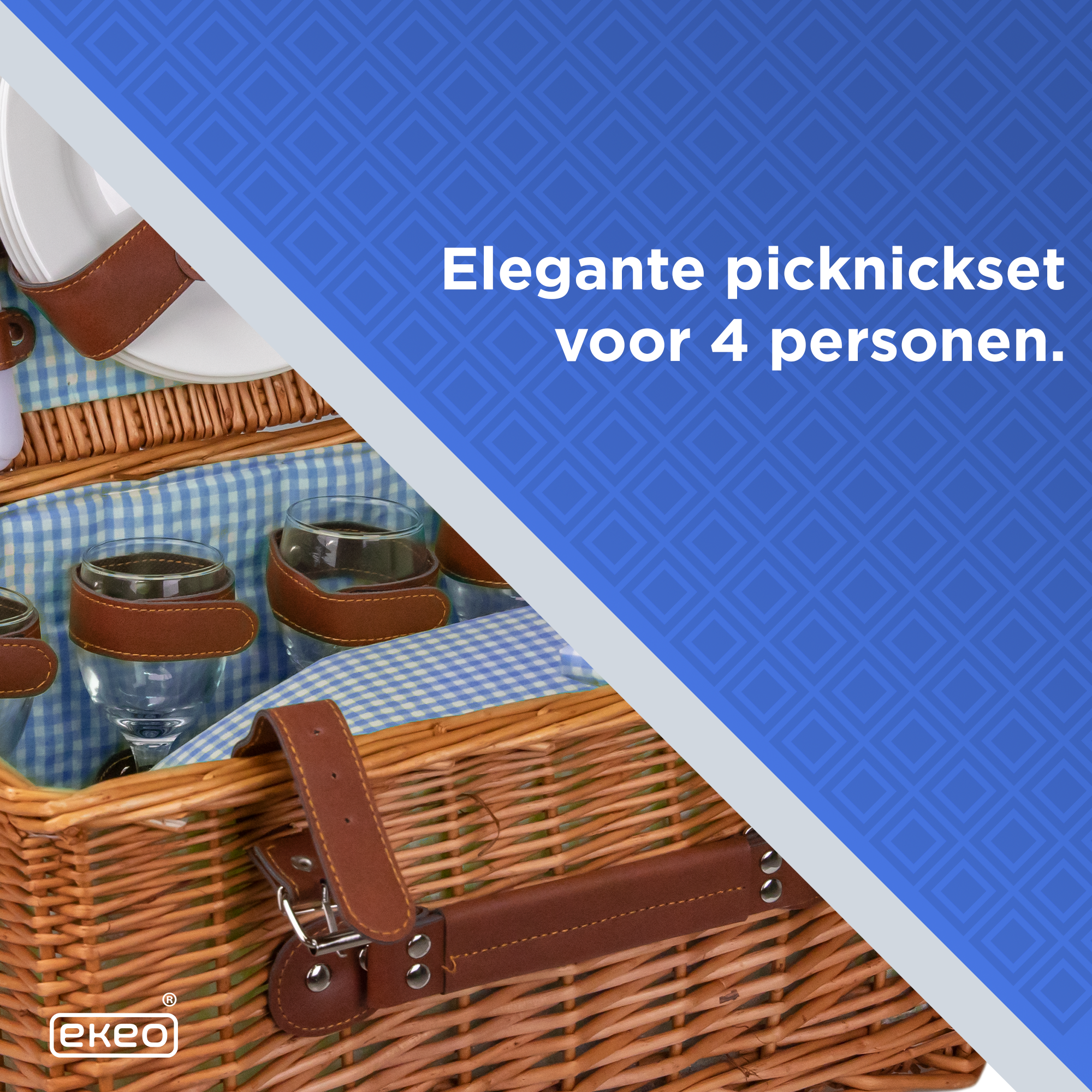Picknickmand 28-delig - Incl. servies en bestek - Picknickset voor 4 personen - Rieten mand - Blauw