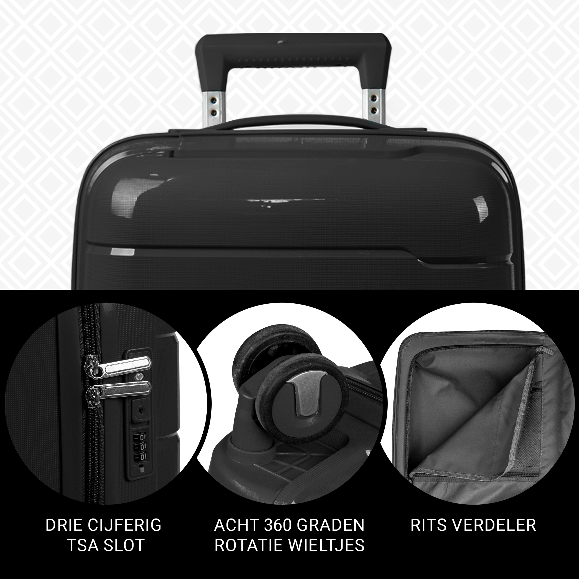 Kofferset 3-delig - Handbagage - Met wielen - Koffers - Premium PP kwaliteit - Trolley - Florence - Zwart