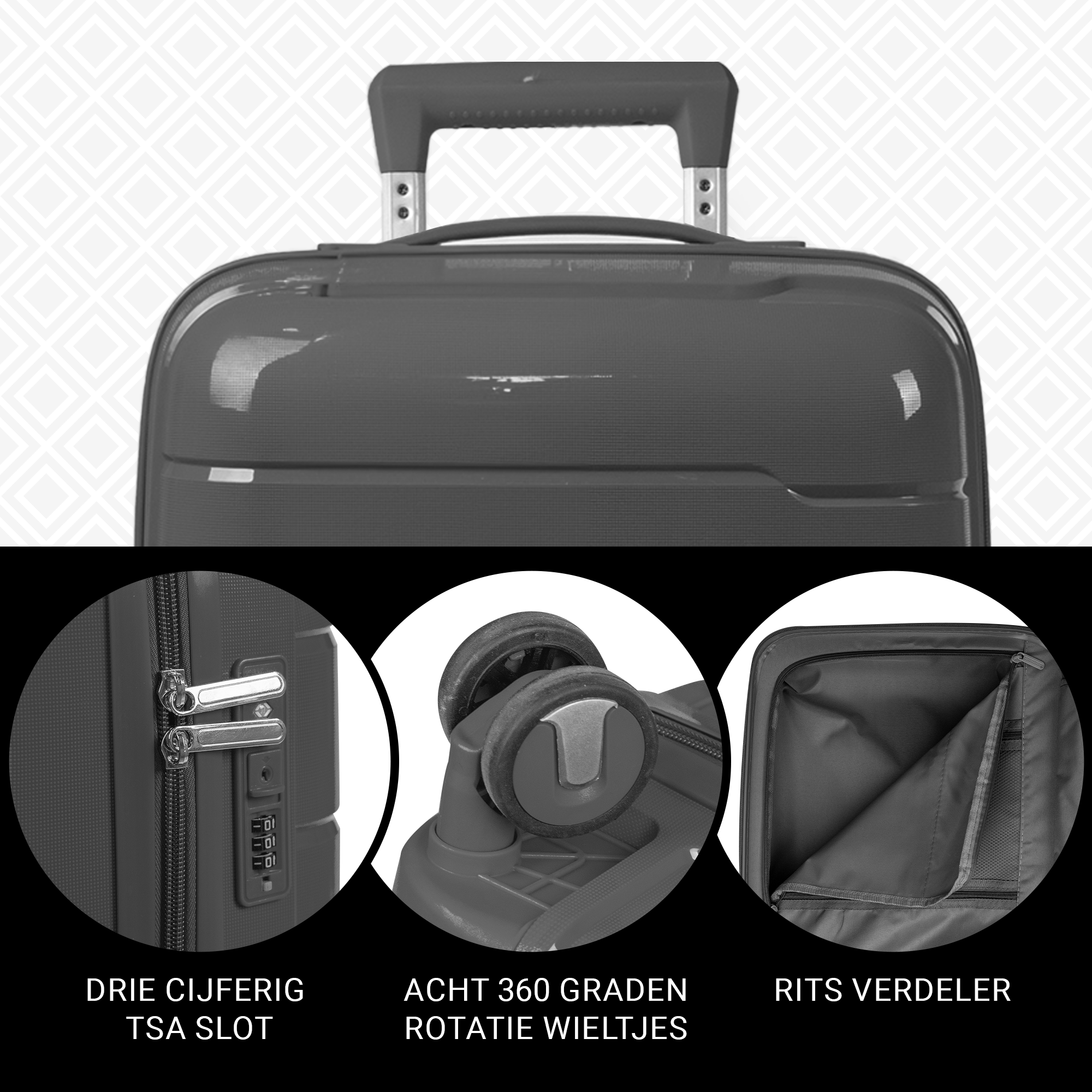 Kofferset 3-delig - Handbagage - Met wielen - Koffers - Premium PP kwaliteit - Trolley - Florence - Grijs