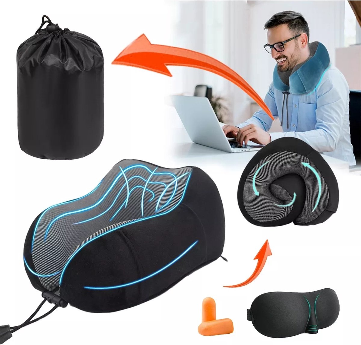 5-delige Nekkussen Set - Reiskussen voor Vliegtuig - Auto - Travel Pillow - Slaapmasker en Oordopjes
