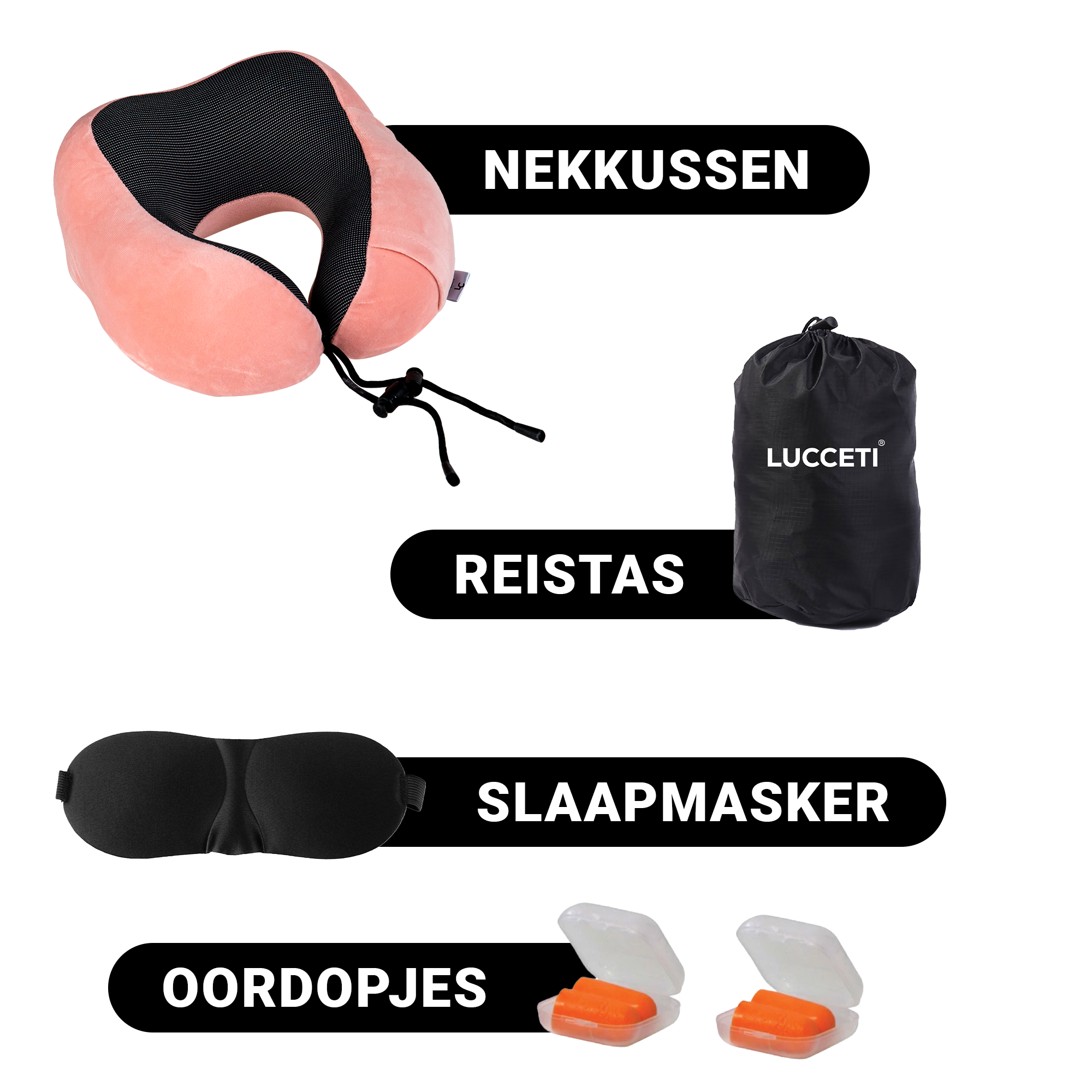 5-delige Nekkussen Set - Reiskussen voor Vliegtuig - Auto - Travel Pillow - Slaapmasker en Oordopjes - Roze
