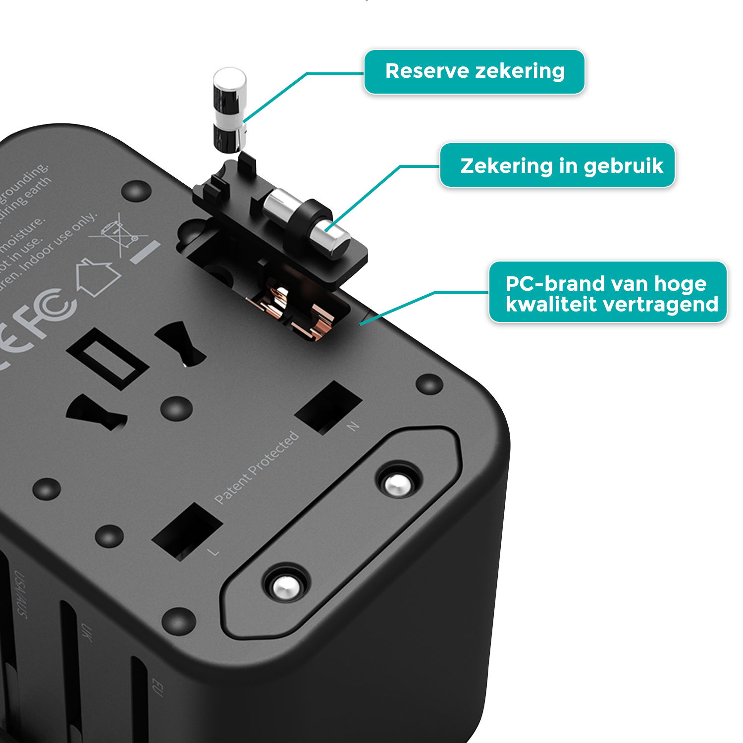 Wereldstekker Pro - Universele wereldstekker met 2 USB Poorten en 3 USB-C - Meer dan 200 landen - Zwart