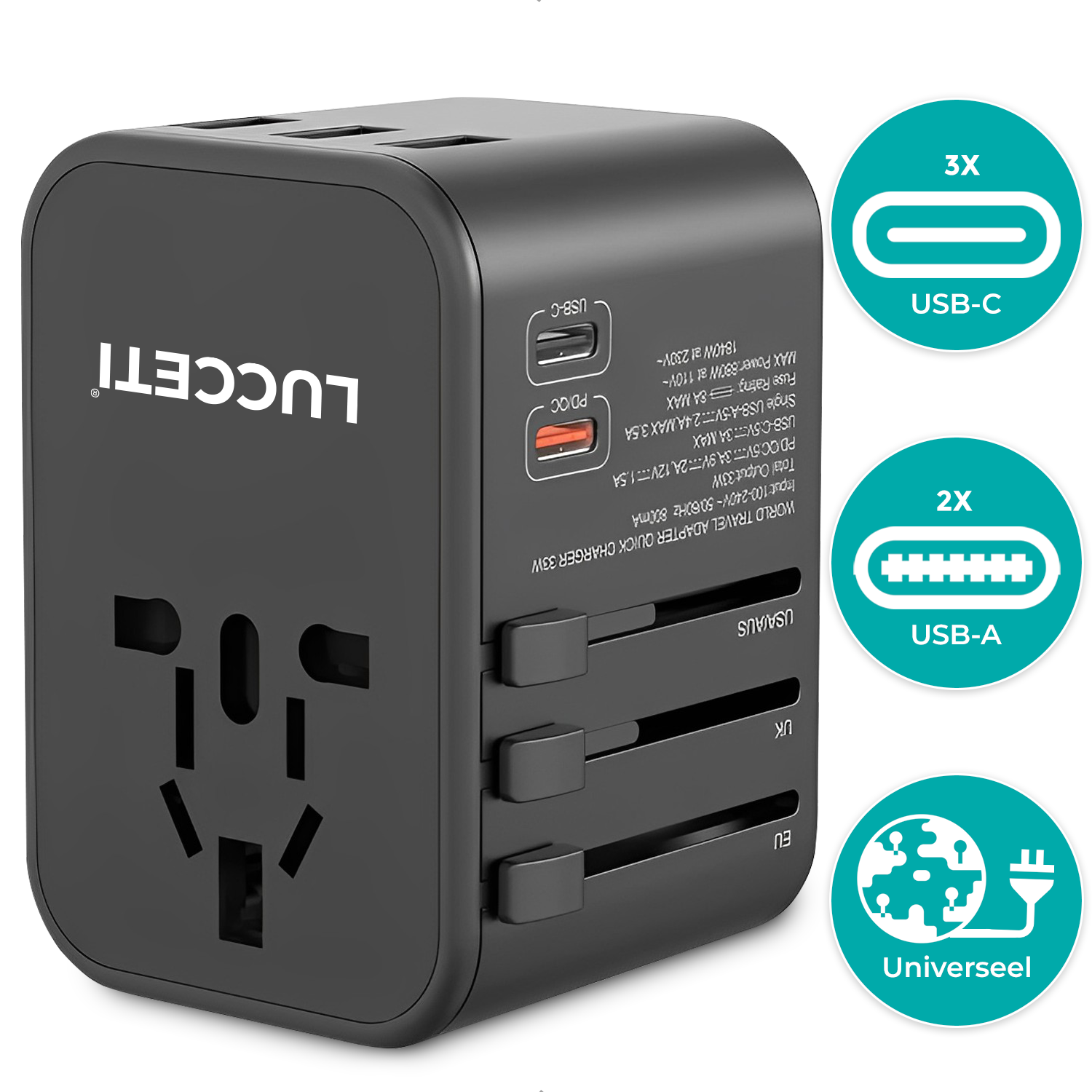 Wereldstekker Pro - Universele wereldstekker met 2 USB Poorten en 3 USB-C - Meer dan 200 landen - Zwart