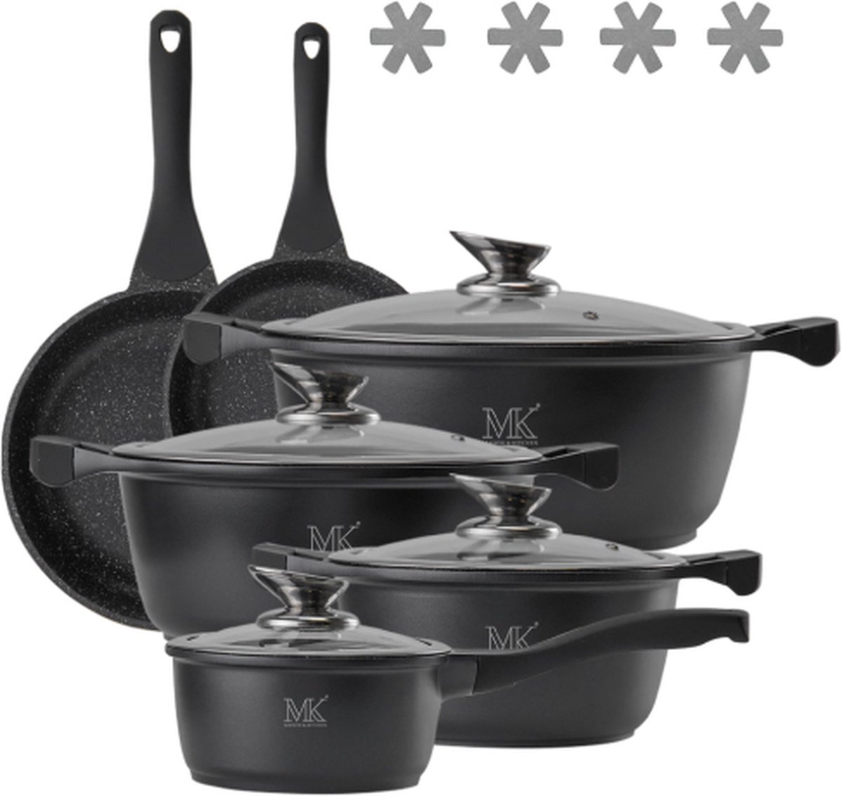 Pannenset 14-delig - Kookpannen - Koekenpan - Braadpan - Inductie - Anti-aanbaklaag - Zwart