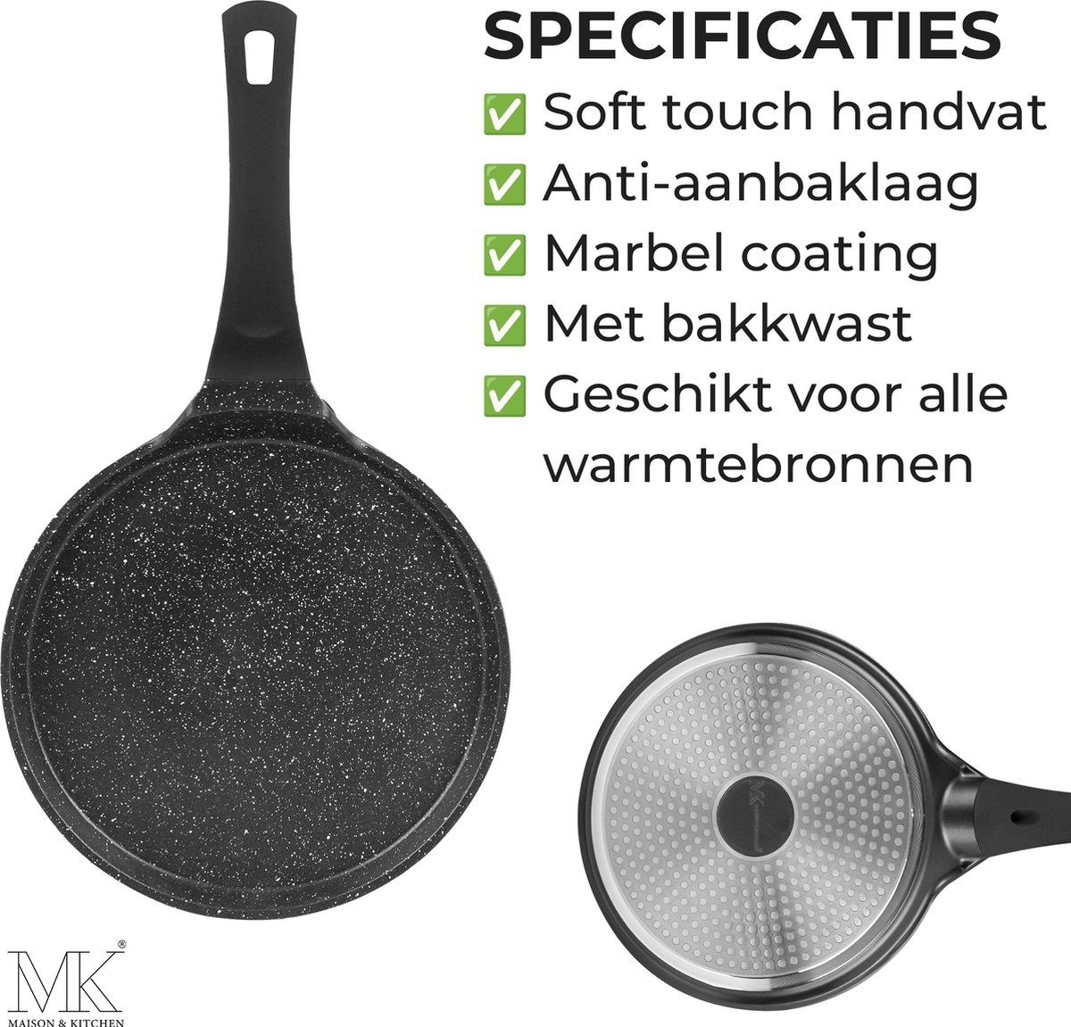 Pannenkoekenpan - Pannenkoekpan - Crêpepan - Marmeren coating - Inductie - 26cm - Zwart
