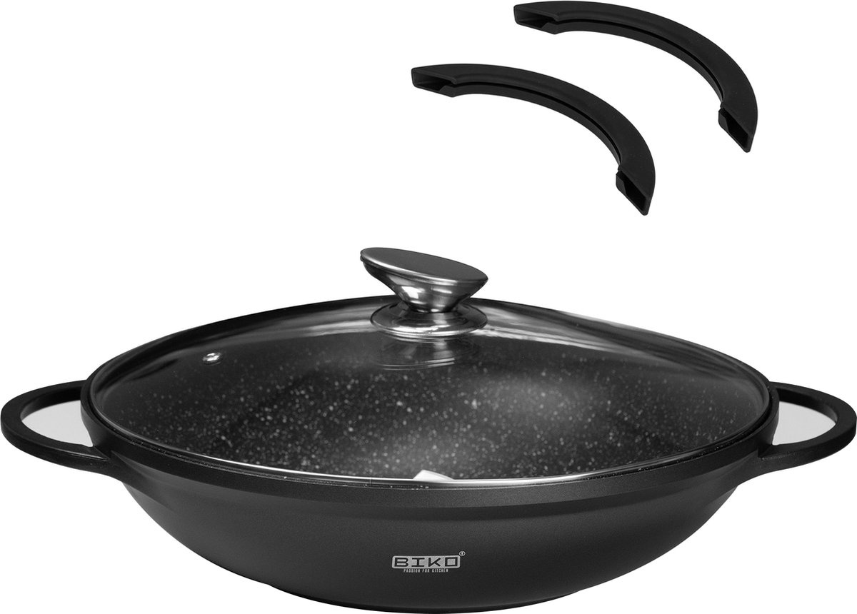 Wokpan Ø 36 cm - Marmeren coating - Glazen deksel - Zwart